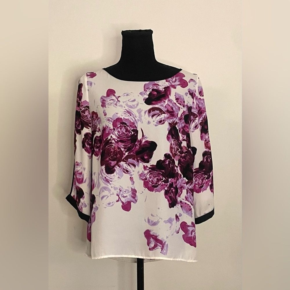 Adrianna‎ Papell Purple Floral 3/4 Split Sleeve Boat Neck Blouse Small - Picture 2 of 7